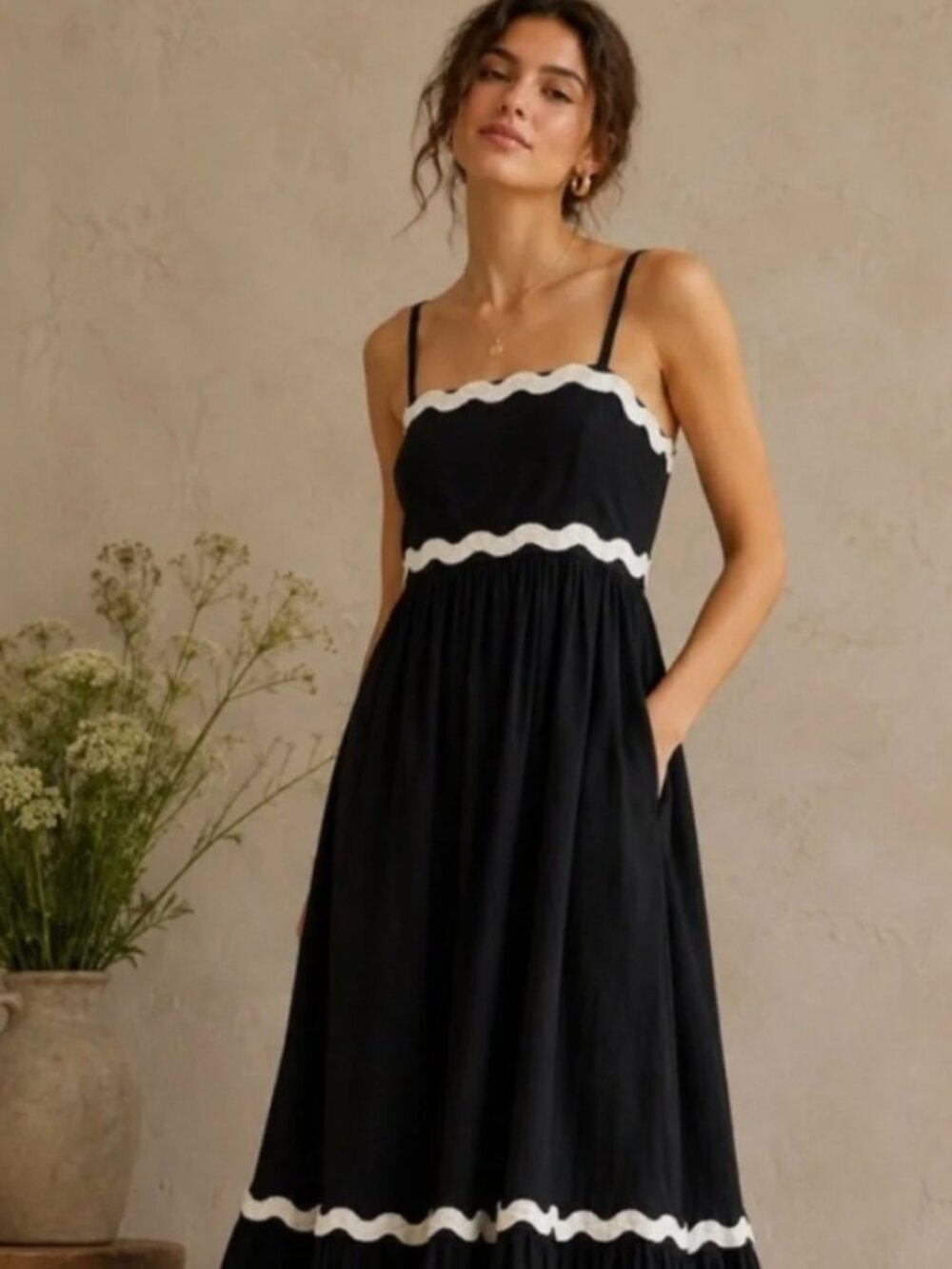Sim & Sam Black Dress with White Scalloped Trim
